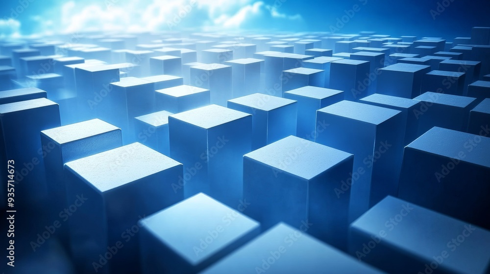 Abstract blue and white cubes forming a grid with a bright light in the distance. Abstract blue and white cubes forming a grid with a bright light in the distance.