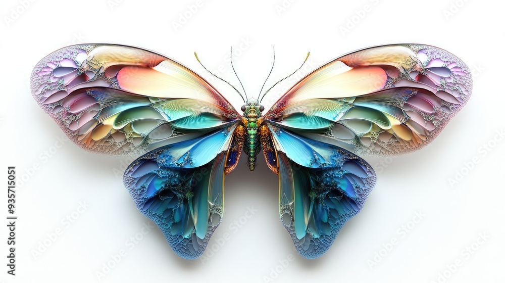 Beautifully symmetrical fractal wings of colorful insects, creating intricate abstract art on a clean white background Beautifully symmetrical fractal wings of colorful insects, creating intricate abstract art on a clean white background