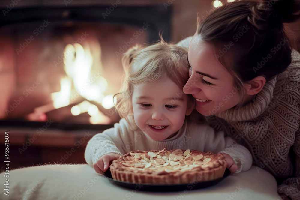 A woman and a child are sitting together in front of a fireplace, with the woman holding a pie