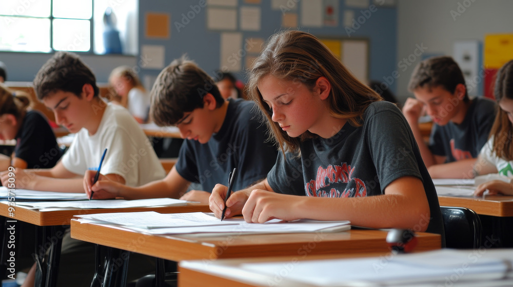 A classroom with students taking a test, focused expressions as they work through the questions.