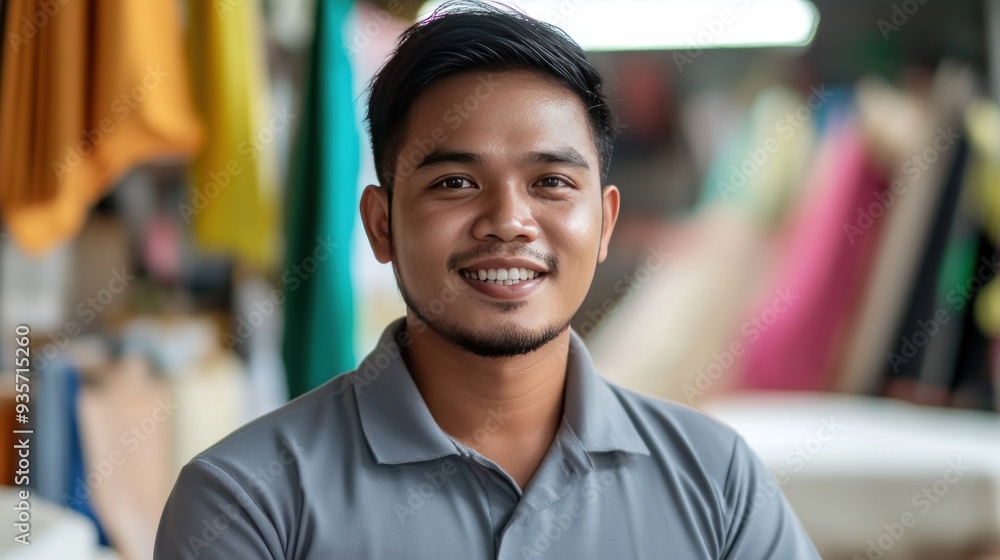 Portrait of a smiling young man wearing a gray polo shirt in a textile factory. Portrait of a smiling young man wearing a gray polo shirt in a textile factory.