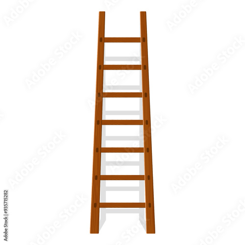 Brown wooden ladder. Wood cartoon stepladder vertical stand near wall with shadow. Household equipment sign. Vector illustration