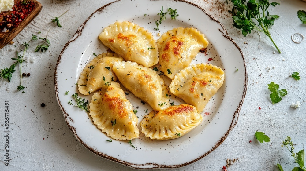 Delicious pierogies on clean white plates, with a tempting aroma of savory spices and a touch of butter, perfect for a hearty meal. Delicious pierogies on clean white plates, with a tempting aroma of savory spices and a touch of butter, perfect for a hearty meal.