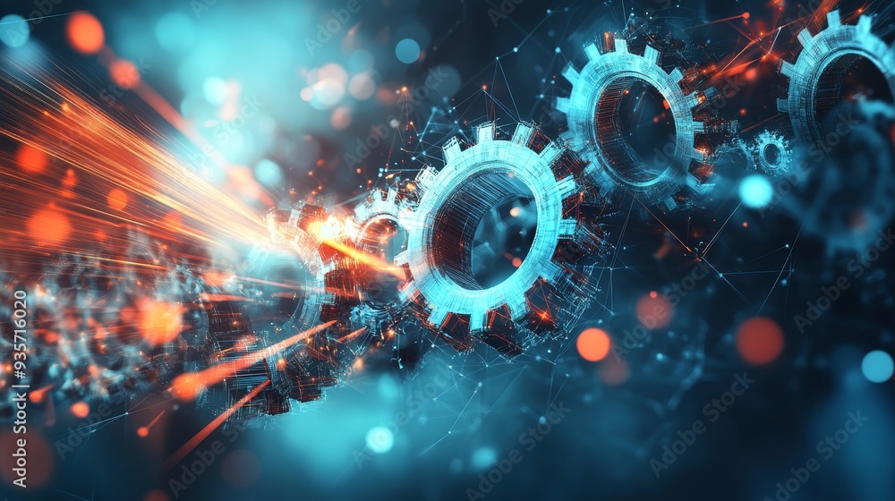 Abstract image of gears with glowing light streaks, representing technology and innovation.