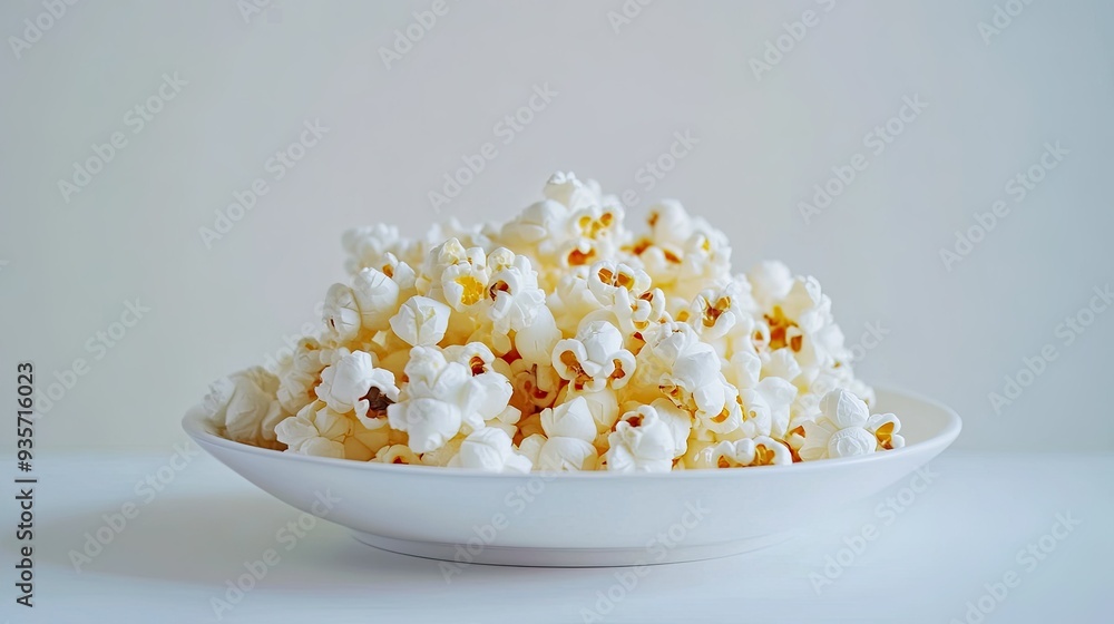 Fluffy popcorn arranged on a white plate, the plain white background focusing attention on the snack's crispiness. Fluffy popcorn arranged on a white plate, the plain white background focusing attention on the snack's crispiness.