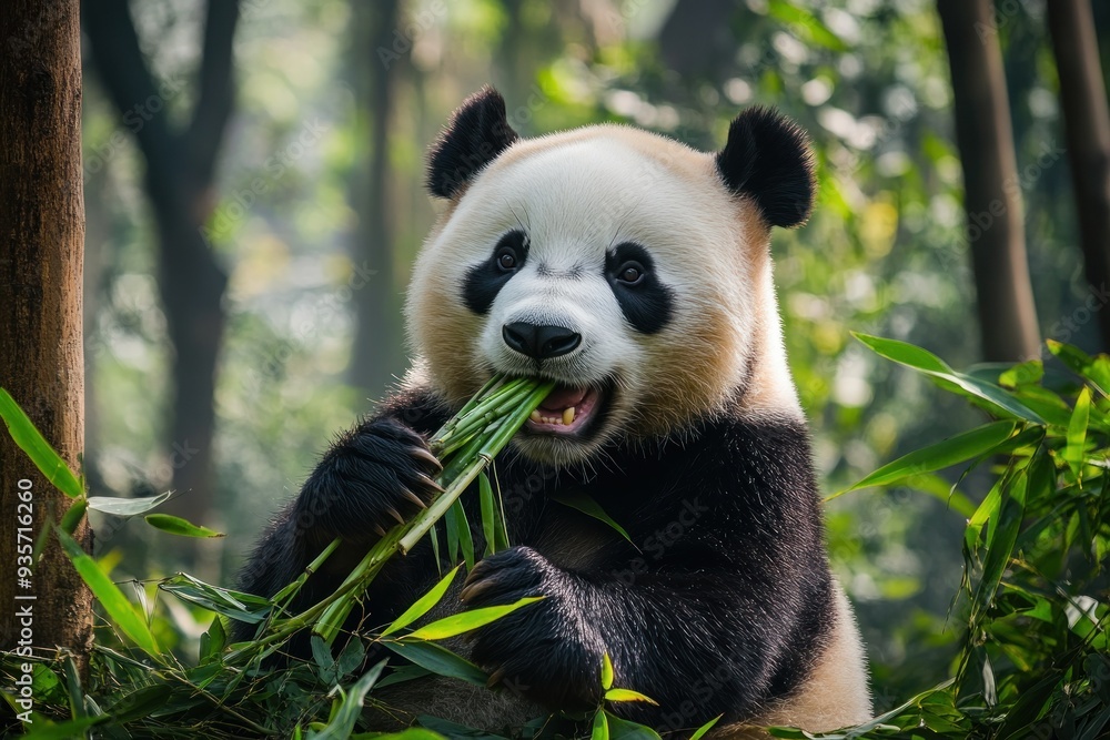 Fototapeta premium Giant Panda Eating Bamboo Shoots in Lush Green Forest