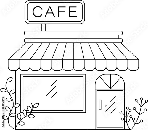 Monoline Building Vector Illustration of Cafe Shop