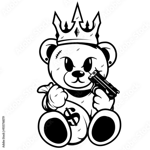 Bear with Gun | Teddy Bear | King Teddy | Gangster Life | King Robber | Teddy with Moneybag | King Thief with Gun | Mafia Bear | Original Illustration | Vector and Clipart | Cutfile and Stencil