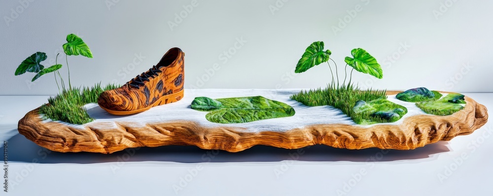 Naklejka premium Ceramic sculpture of a shoe with green plants on a textured base.