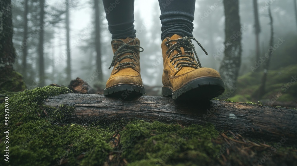 Mountain boots stepping over mossy logs in a mist-shrouded forest, evoking a sense of adventure in the wilderness. Mountain boots stepping over mossy logs in a mist-shrouded forest, evoking a sense of adventure in the wilderness.