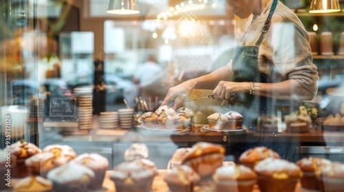 A bakery scene featuring a person serving fresh pastries through a glass display, showcasing delicious baked goods.