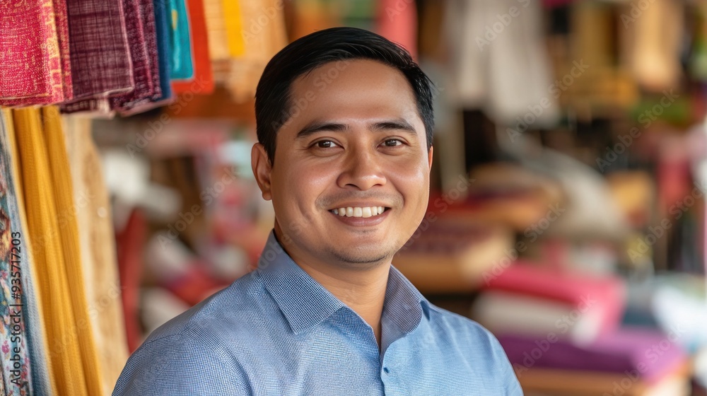 Fototapeta premium A smiling young man in a blue shirt stands in front of a shop selling colorful fabrics.