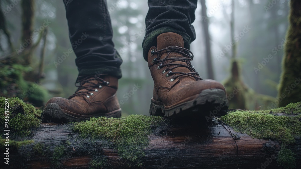 Mountain boots treading carefully over moss-covered logs, the misty forest surrounding them adding to the sense of exploration. Mountain boots treading carefully over moss-covered logs, the misty forest surrounding them adding to the sense of exploration.