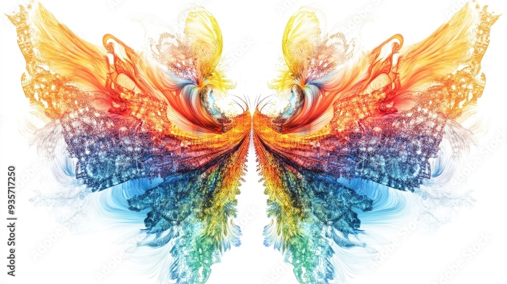 Obraz premium Detailed fractal wings of animals and insects in vivid colors, symmetrically arranged, forming stunning abstract art on white