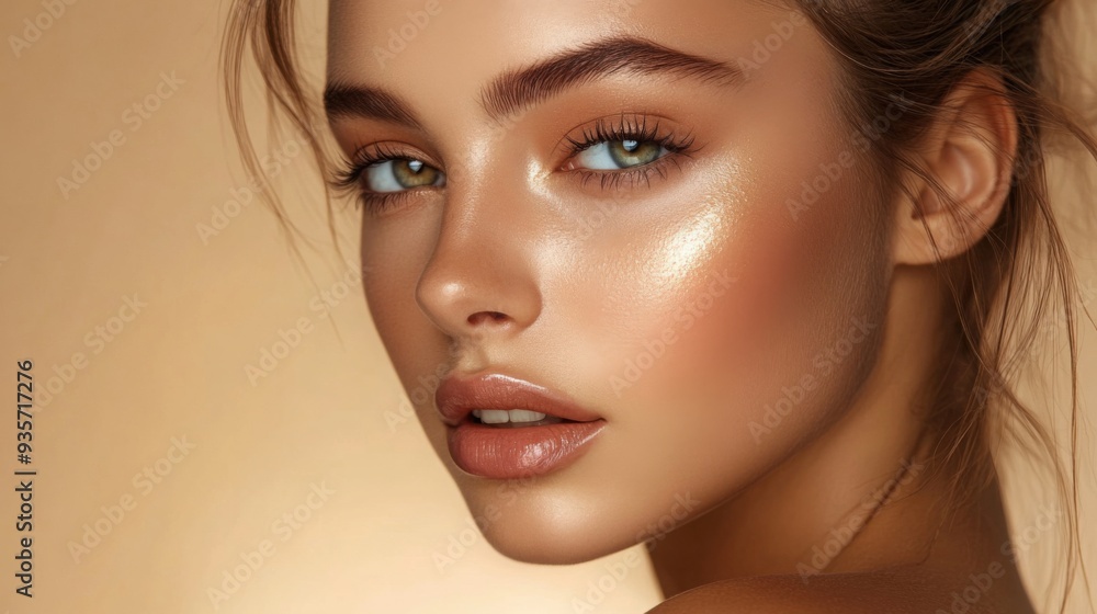 Fototapeta premium A young woman showcases radiant skin and subtle makeup, highlighting her features warmly lit from the side.