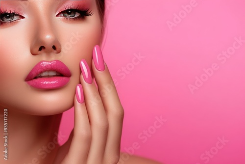 Close-up of a Woman's Face with Pink Lipstick and Nail Polish