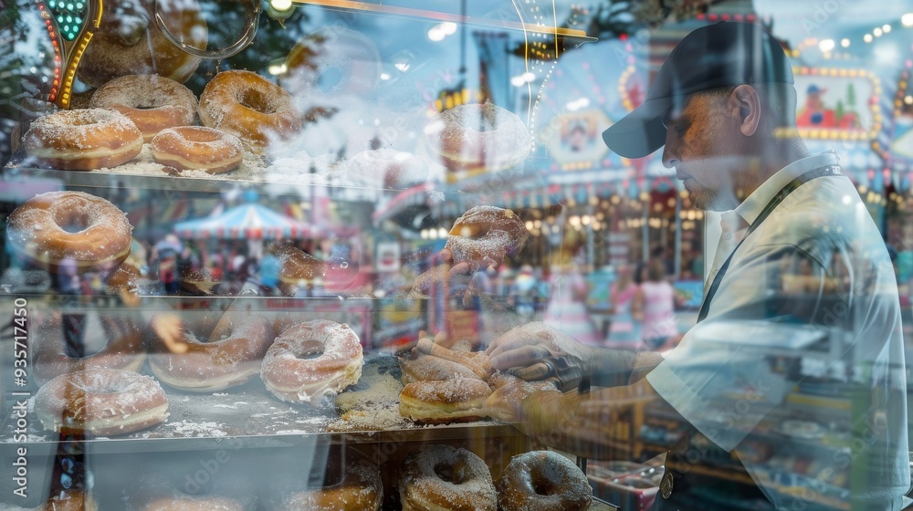 A baker skillfully prepares delicious pastries at a vibrant festival, surrounded by joyful crowds and colorful decorations. A baker skillfully prepares delicious pastries at a vibrant festival, surrounded by joyful crowds and colorful decorations.