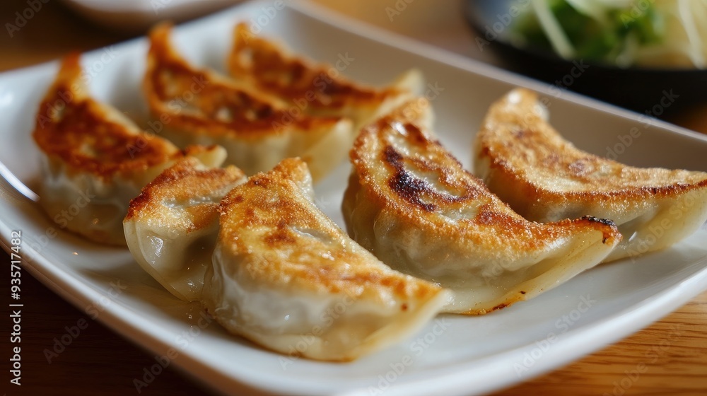 Neatly arranged gyoza on a white plate, their crispy edges and soft centers invitingly displayed. Neatly arranged gyoza on a white plate, their crispy edges and soft centers invitingly displayed.