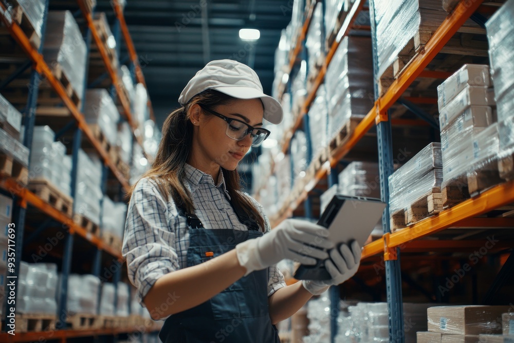 Skilled Female Inventory Clerk Managing Stock in Retail Warehouse with Scanner Skilled Female Inventory Clerk Managing Stock in Retail Warehouse with Scanner