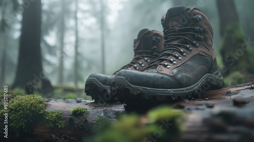 Rugged trekking boots navigating through a misty forest, the damp moss on the logs reflecting the wild terrain.