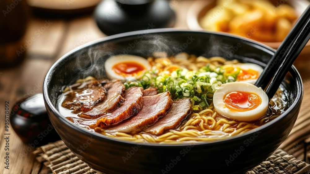 Steaming bowl of ramen with sliced meat and vegetables, served in a traditional Japanese setting on a wooden table.