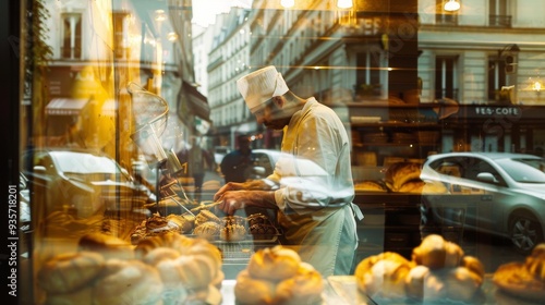 A baker prepares delicious pastries in a charming shop window, capturing the essence of culinary artistry in a bustling city.