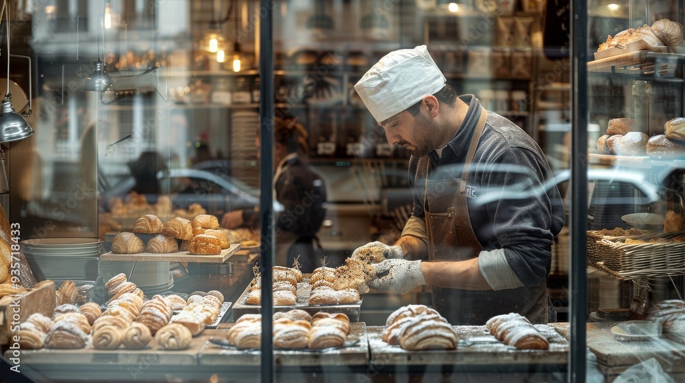 A baker carefully prepares fresh pastries in a quaint bakery, showcasing a variety of baked goods in a glass display. A baker carefully prepares fresh pastries in a quaint bakery, showcasing a variety of baked goods in a glass display.