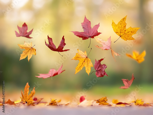 Maple leaves with autumn colors on forest background