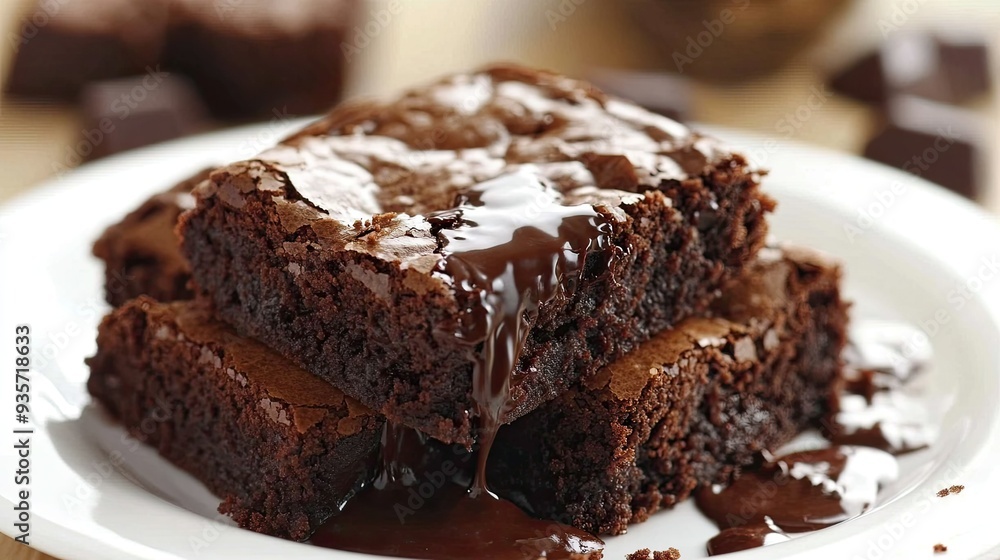 Warm, gooey brownies on a white plate, with chocolate crumbs melting and flowing, creating an irresistible visual. Warm, gooey brownies on a white plate, with chocolate crumbs melting and flowing, creating an irresistible visual.
