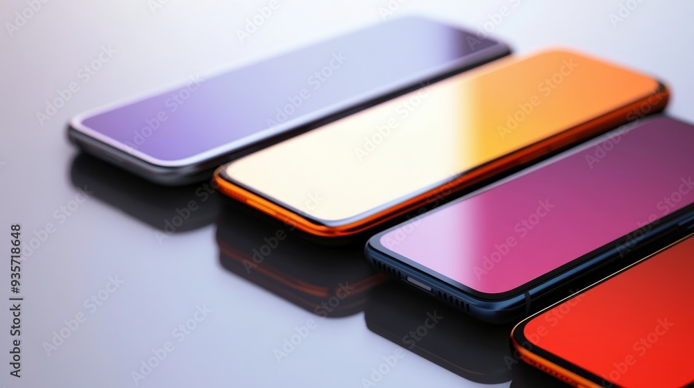 Four modern smartphones in vibrant colors arranged on a sleek surface. The devices reflect light, highlighting their sleek design. Four modern smartphones in vibrant colors arranged on a sleek surface. The devices reflect light, highlighting their sleek design.