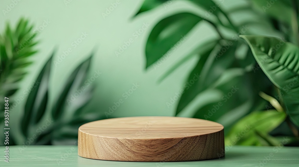 Wooden podium placed in front of a green leaf backdrop, suitable for presentations or showcasing nature-inspired products. Wooden podium placed in front of a green leaf backdrop, suitable for presentations or showcasing nature-inspired products.