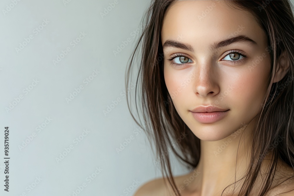 Close-up Portrait of a Woman with Long Brown Hair and Blue Eyes Close-up Portrait of a Woman with Long Brown Hair and Blue Eyes