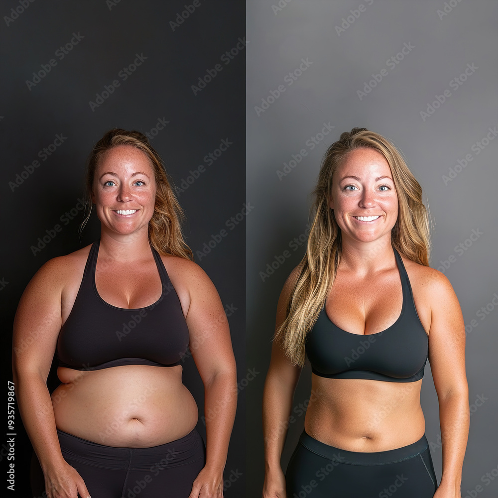 Side by side comparison of woman before and after weight loss journey Side by side comparison of woman before and after weight loss journey