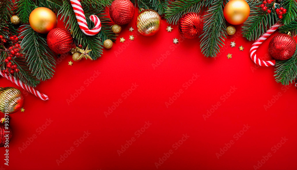Red Christmas or New Year Background with Border Decoration Red Christmas or New Year Background with Border Decoration