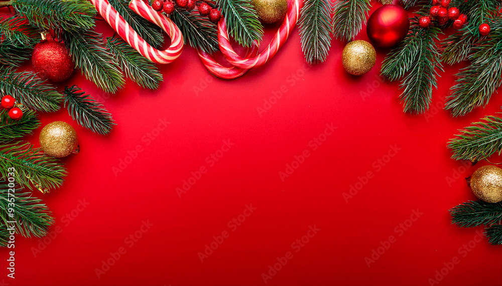 Red Christmas or New Year Background with Border Decoration Red Christmas or New Year Background with Border Decoration