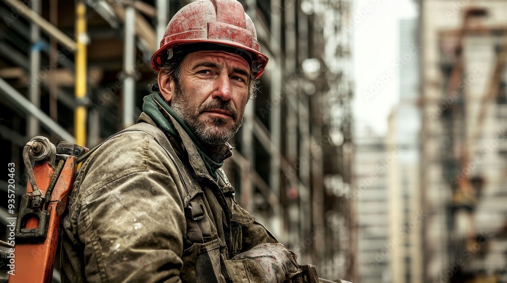 Experienced Construction Worker Operating Heavy Machinery on High-Rise Site Experienced Construction Worker Operating Heavy Machinery on High-Rise Site