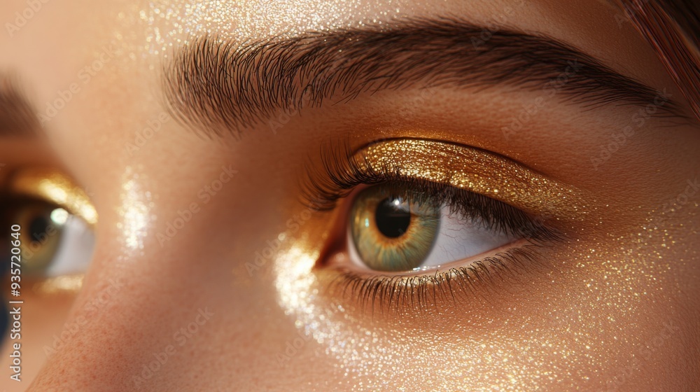 The eye features shimmering gold eyeshadow and highlights, showcasing vibrant green irises under soft lighting. The eye features shimmering gold eyeshadow and highlights, showcasing vibrant green irises under soft lighting.