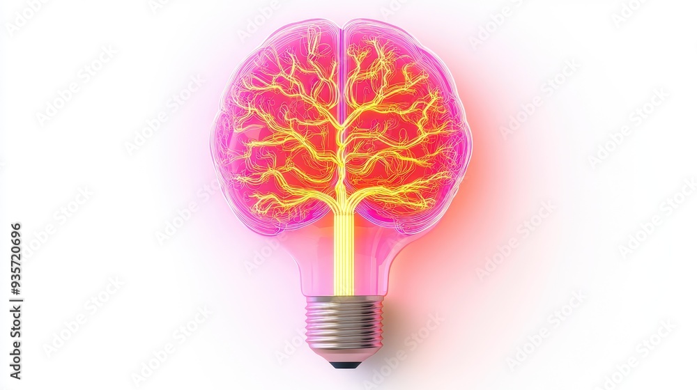Neon glass brain bulb with electric tree glowing inside, bright and modern, placed on a clean white backdrop, science focus Neon glass brain bulb with electric tree glowing inside, bright and modern, placed on a clean white backdrop, science focus
