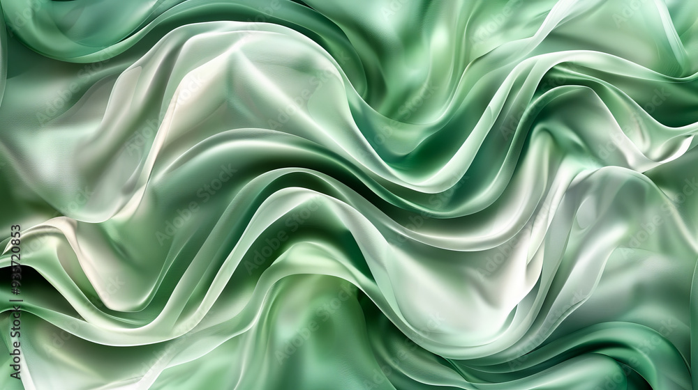 Obraz premium Smooth silk fabric green and white abstract wavy background with a calming effect