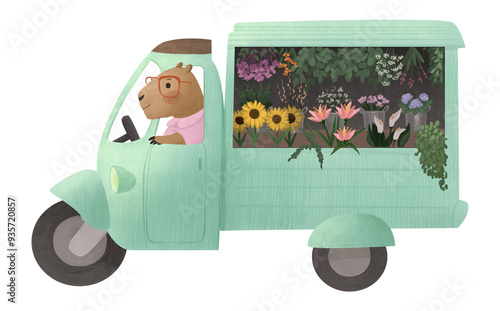 Piaggio ape truck flowers illustration isolated photo