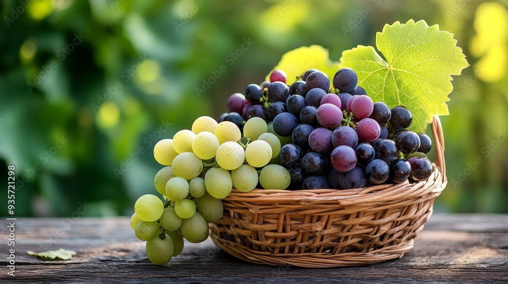 Ripe black and white grapes fill a basket, marking the season's harvest. Organically grown grapes rest on a wooden table in the garden. Ripe black and white grapes fill a basket, marking the season's harvest. Organically grown grapes rest on a wooden table in the garden.