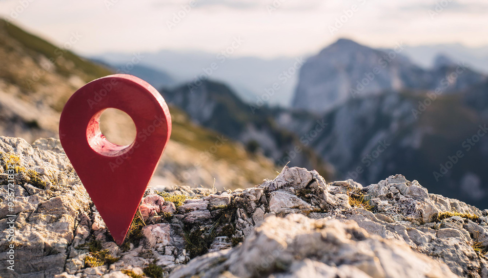 Red location marker on rocky mountain. GPS, travel and tourism concept. Beautiful nature. Red location marker on rocky mountain. GPS, travel and tourism concept. Beautiful nature.