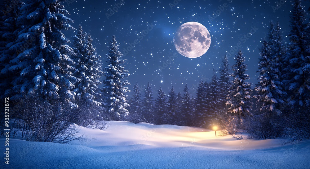 Fototapeta premium Snow covered trees night landscape Christmas concept background