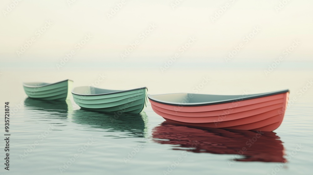 Naklejka premium Three small boats, painted in various colors, sit on calm water, reflecting the colors of the sky above.