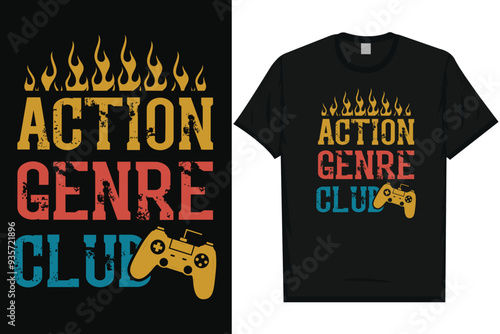 Action genre club gaming typography tshirt design