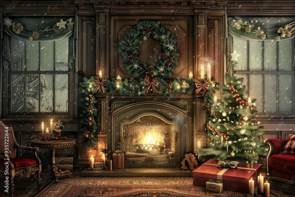 custom made wallpaper toronto digitalA cozy Christmas fireplace with a roaring fire, stockings hanging on the mantel, and a garland of pine branches and twinkling lights, warm and inviting atmosphere.