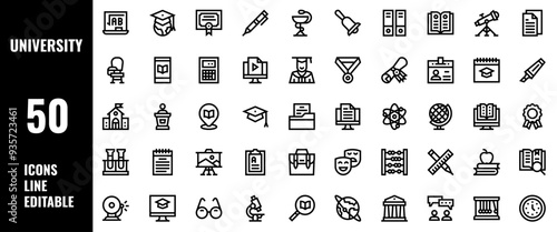 50 University Icons Set Line Editable Vector Illustration