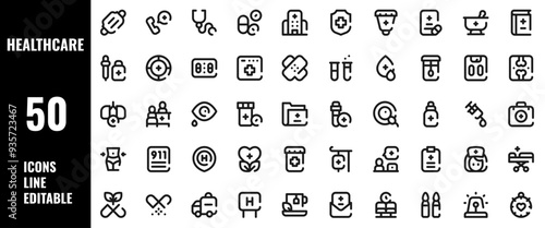 50 Healthcare Icons Set Line Editable Vector Illustration