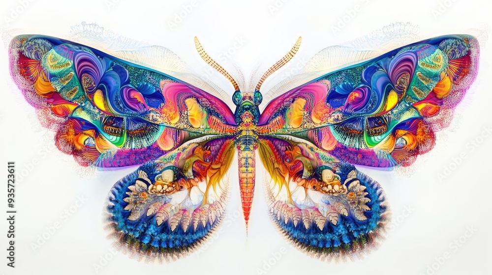 Vibrant fractal wings in symmetrical design, featuring colorful insects, with intricate patterns on a white backdrop Vibrant fractal wings in symmetrical design, featuring colorful insects, with intricate patterns on a white backdrop
