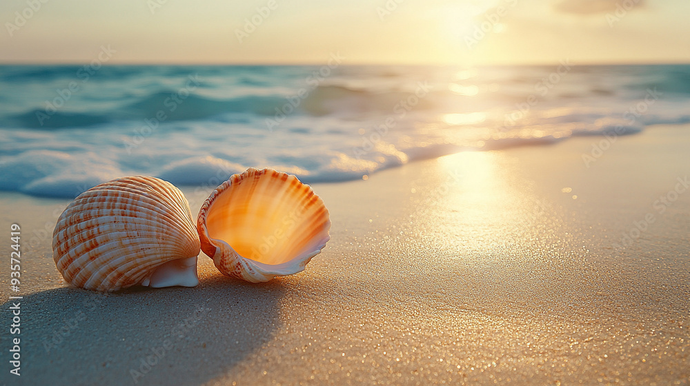 Two seashells rest on a sunlit sandy beach, casting soft shadows. The shells' textured surfaces contrast against the smooth, warm sand, creating a serene and tranquil seaside scene Two seashells rest on a sunlit sandy beach, casting soft shadows. The shells' textured surfaces contrast against the smooth, warm sand, creating a serene and tranquil seaside scene